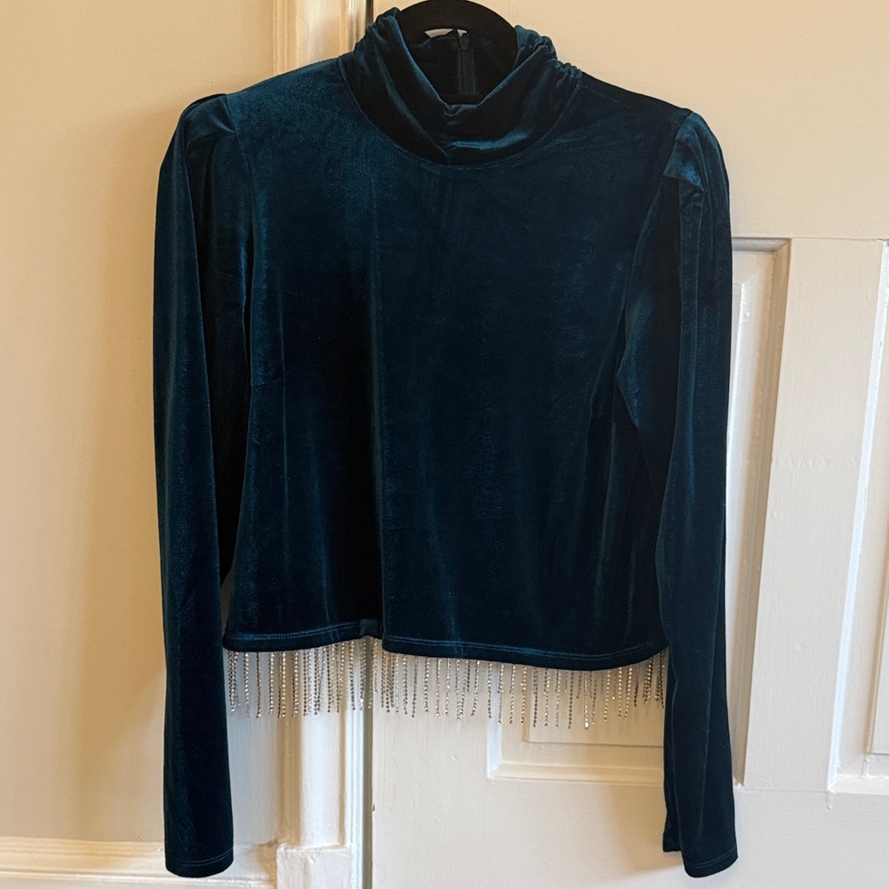 Joie Velvet Long-Sleeve Top with rhinestone fringe